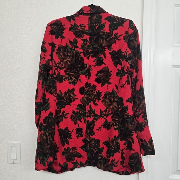 Women’s Red Black Oversized Floral M Open Front Relaxed Work to Weekend Blazer - Picture 6 of 12
